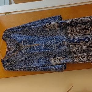 Plus size (28W) Blue Multi Ethnic Inspired Pattern Side Slit Tunic w/Pewter Bead